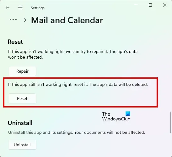 メールとカレンダー アプリのリセット Windows 11