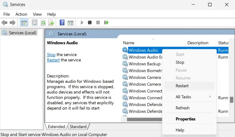 重新啟動 Windows 音頻服務