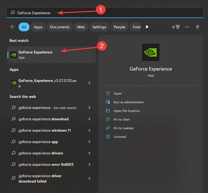 Typ Geforce Experience in Windows Search.