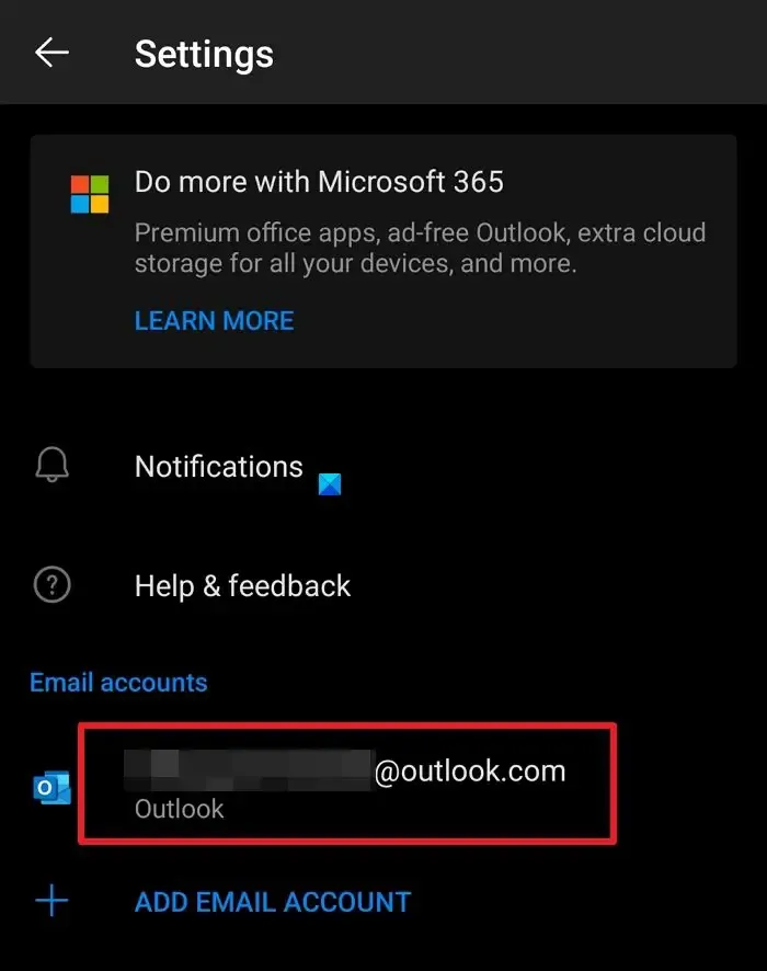Outlook Android で削除するメール アカウントを選択