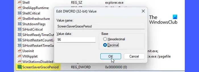 Impostazione dei dati del valore per DWORD ScreenSaverGracePeriod