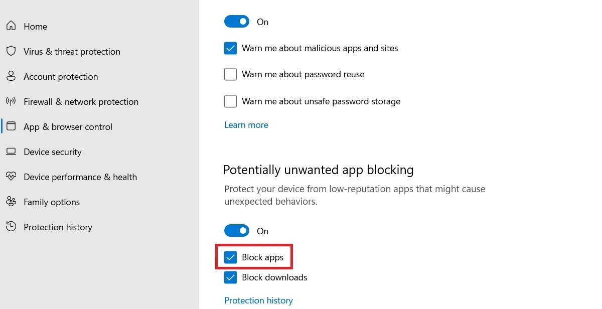 評価ベースの保護でアプリをブロックするのチェックを外します。