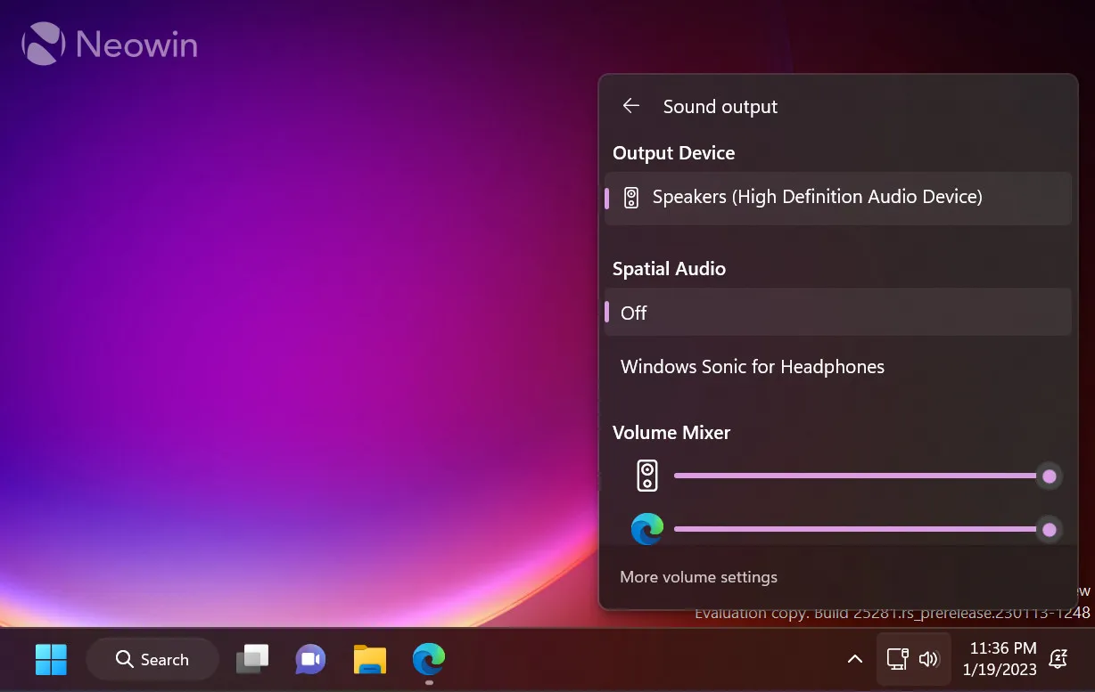 De nieuwe volumemixer in Windows 11 Dev Build