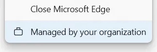Una captura de pantalla del menú de Microsoft Edge con el banner administrado por su organización
