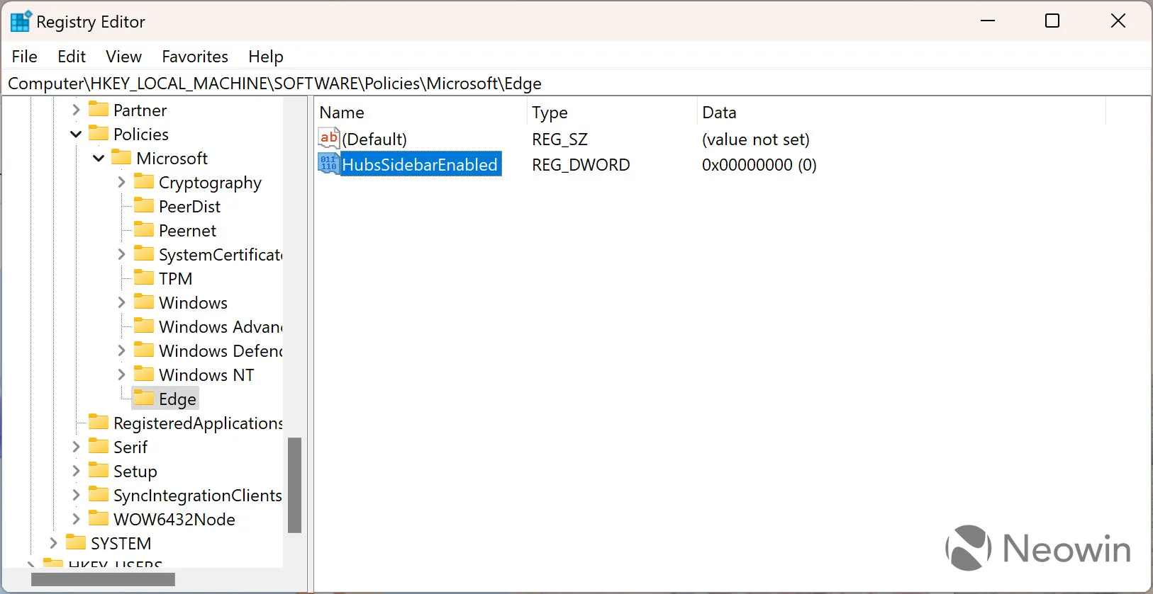 Uma captura de tela do Editor do Registro do Windows mostrando como desativar o botão Bing no Edge