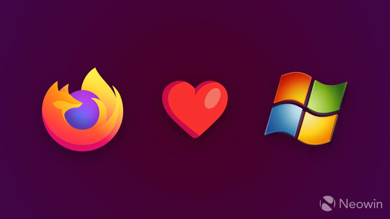 ハートの絵文字が付いた Firefox と Windows 7 のロゴ