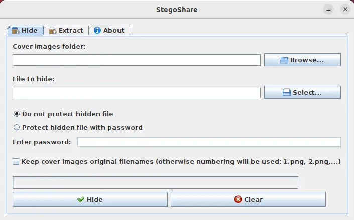 stegoshare の基本的なインターフェースを示すウィンドウ。
