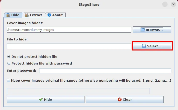 stegoshare の選択ボタンを示すウィンドウ。