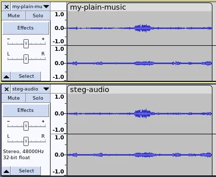 Een screenshot van de vergelijking tussen een schoon audiobestand en een gevuld met gegevens.