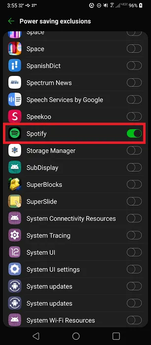 Android Auto が機能しない Spotify のバッテリーの選択
