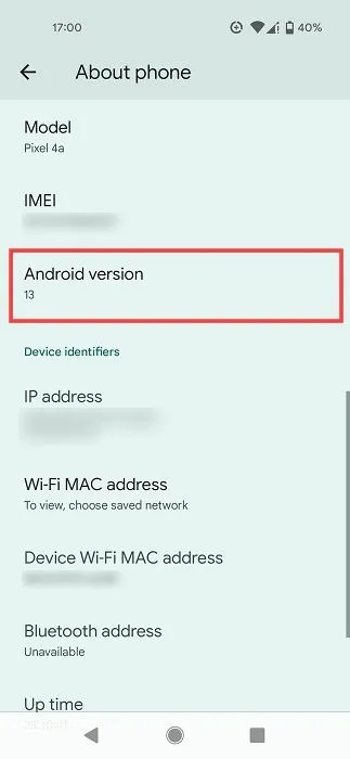 Affichage de la version Android sur un téléphone Android.