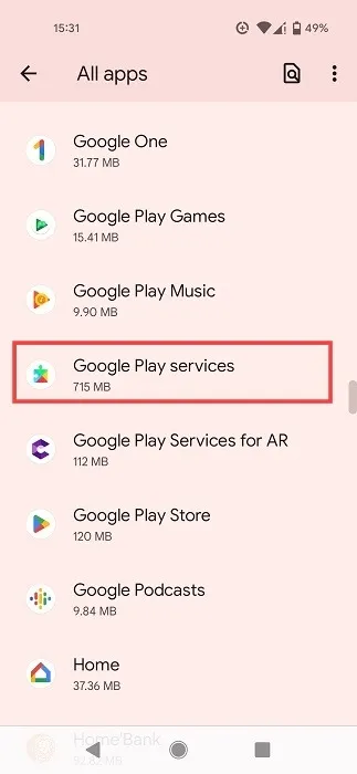 Listagem do Google Play Services no telefone Android.