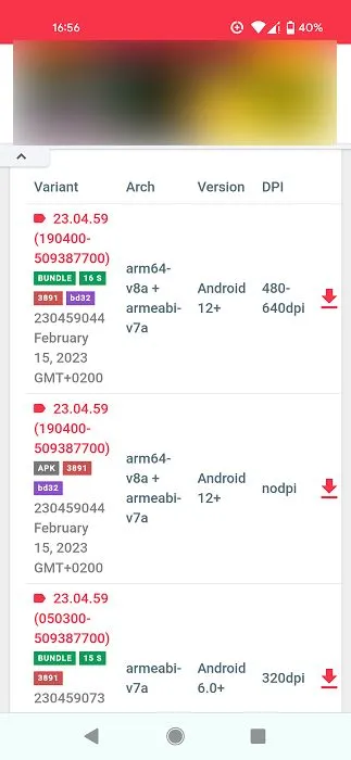 Versions des services Google Play sur APKMirror.
