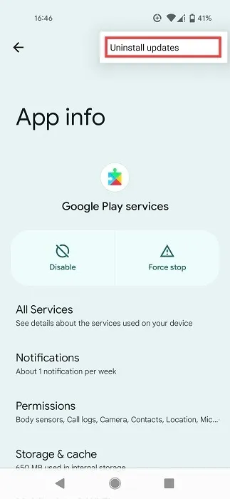 Desinstalando atualizações para o Google Play Services.