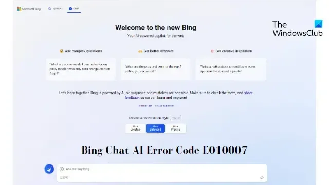 Bing チャットが機能しない: エラー E010007、E010014、E010006