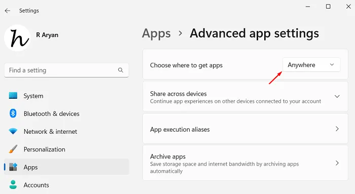 Escolha onde obter aplicativos e selecione Qualquer lugar no Windows 11