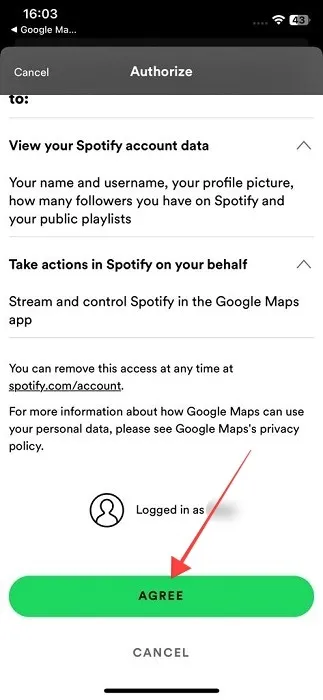iOS 向け Google マップで Spotify データにアクセスすることを Google に許可します。
