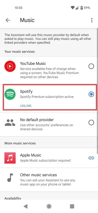 Android 向け Google マップのデフォルトの音楽サービスとして Spotify。