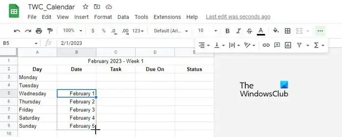 Créer un calendrier Google Sheets à partir de zéro - ajouter des jours