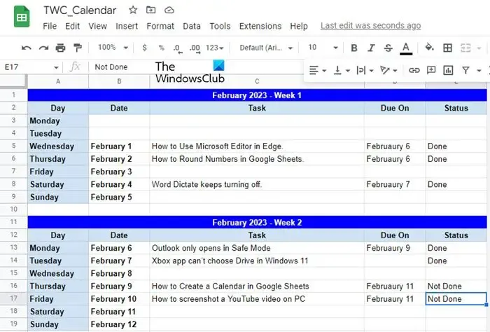 Creazione di un calendario di Fogli Google da zero