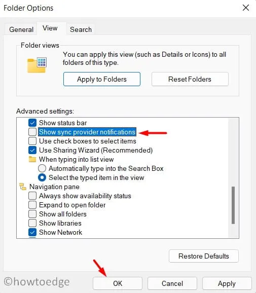 Usuń zaznaczenie opcji Pokaż powiadomienia dostawcy synchronizacji — Windows 11