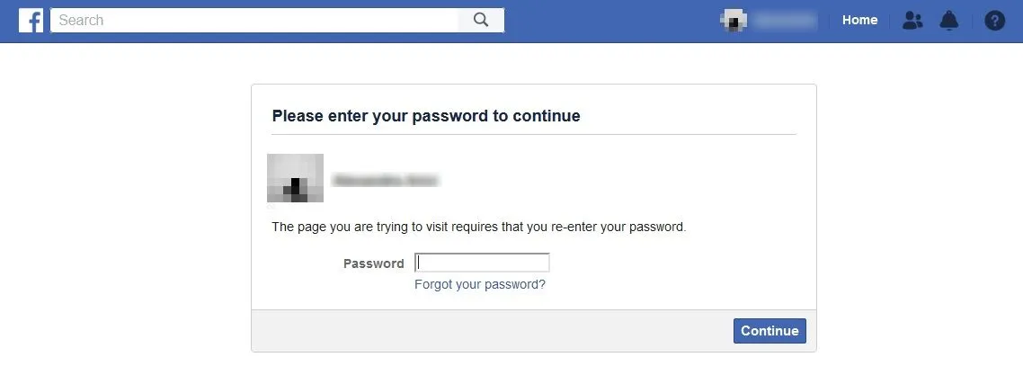 パスワードを入力して、Web 上の Facebook の Facebook データにアクセスします。