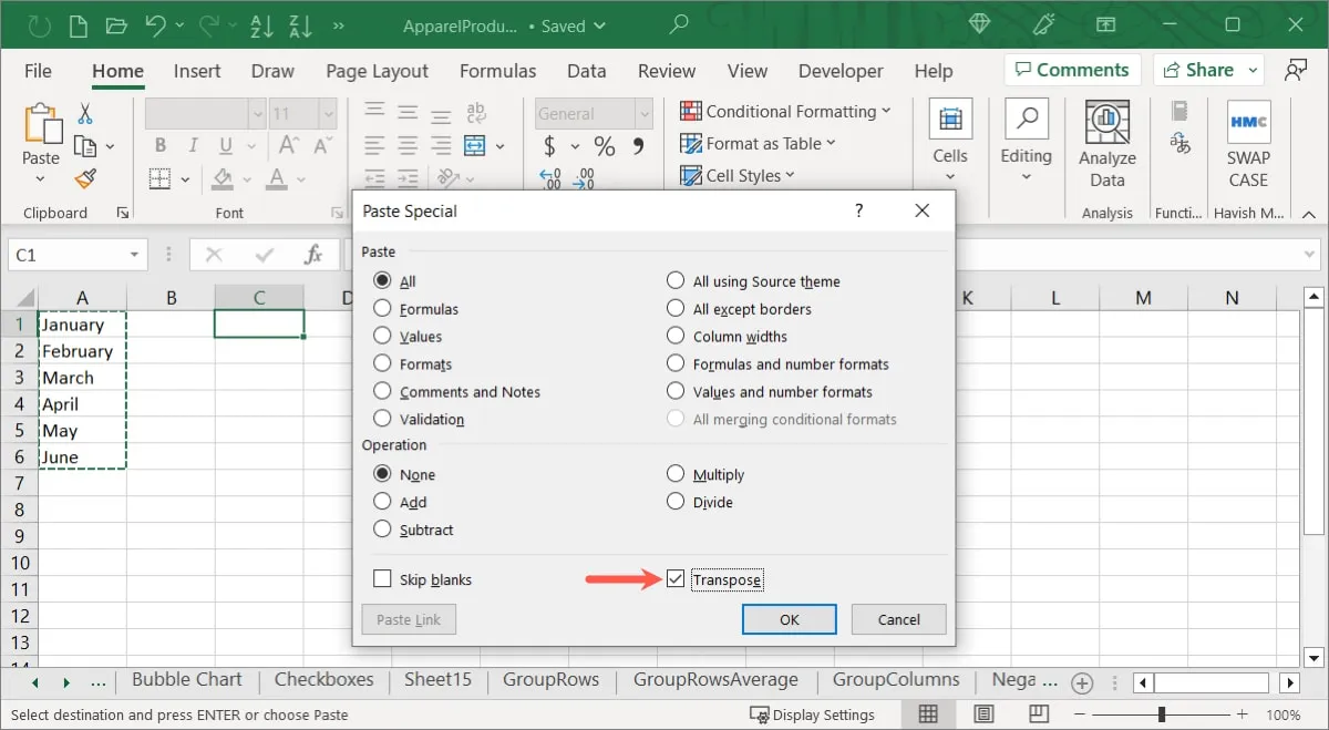 Transposição marcada nas configurações especiais do Colar do Excel