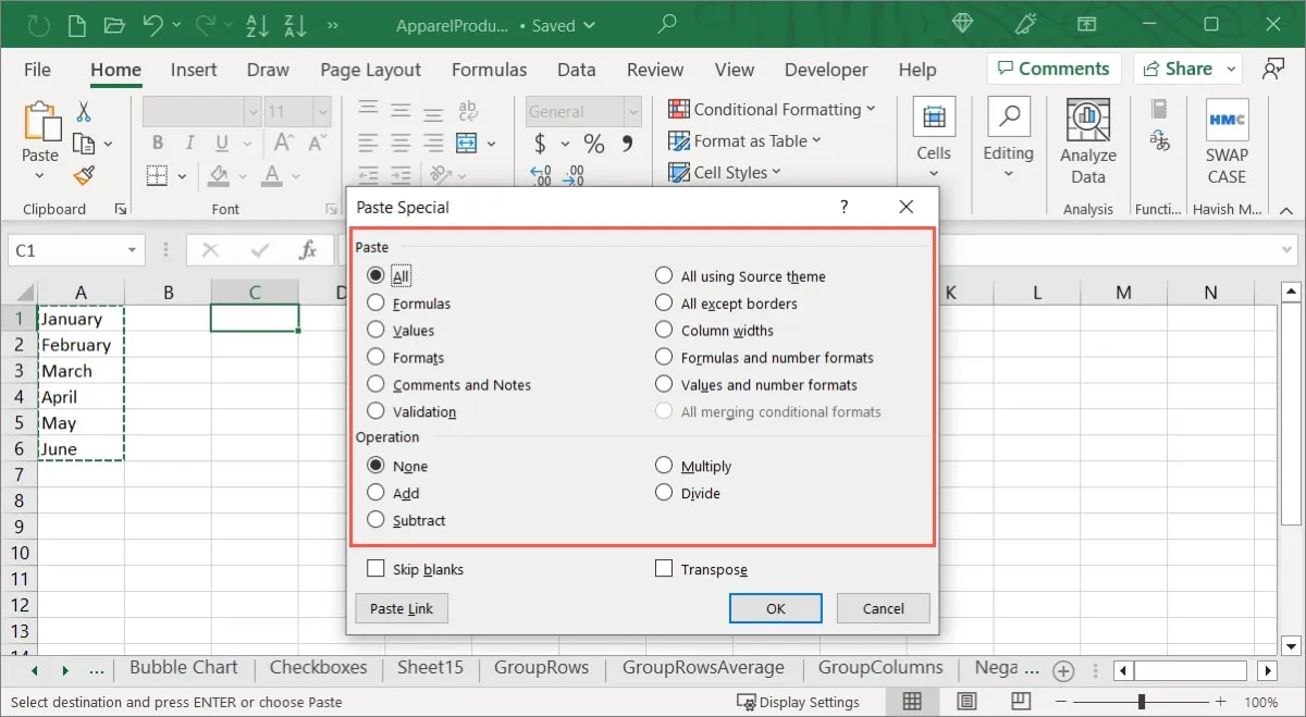Opções especiais de colagem do Excel