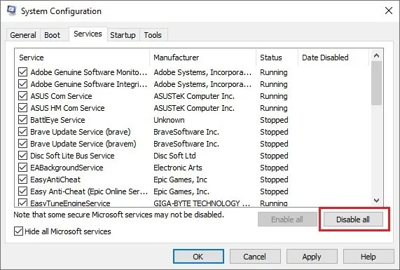 Schakel alle niet-Microsoft-services uit in het venster Systeemconfiguratie.