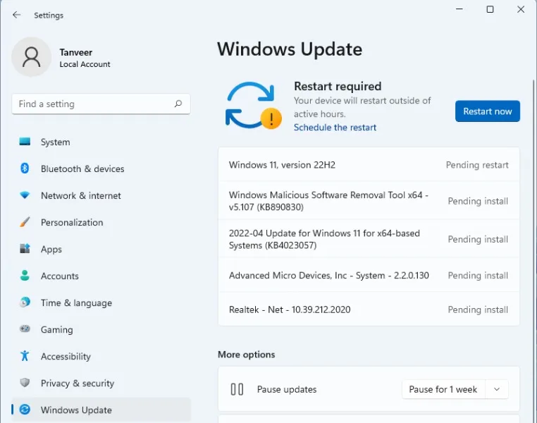 Actualización de Windows disponible, se requiere reiniciar.