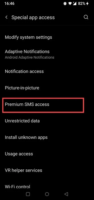 Opción de acceso SMS Premium en Android.