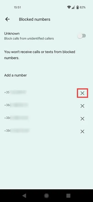 Eliminación de números bloqueados de la lista de bloqueados en Android.