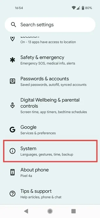 Sekcja System w Ustawieniach na Androidzie.
