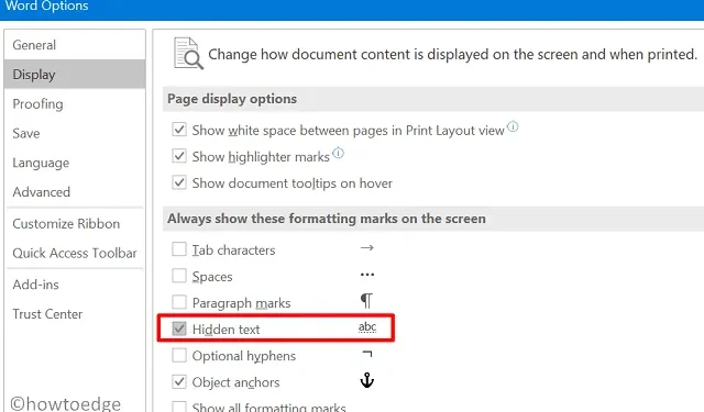 Impression de contenu masqué dans Microsoft Word sous Windows 10
