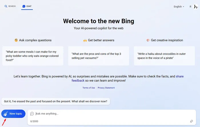 Bing AI ChatGPT で新しいトピックを開始する