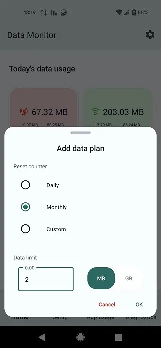 Een reset-teller en datalimiet instellen op de Data Monitor-app.