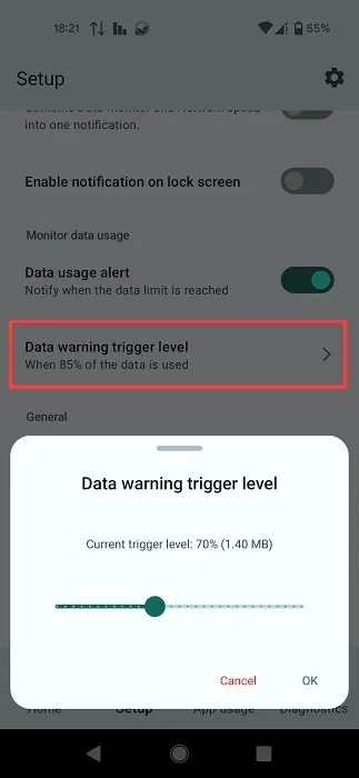 Data Monitor アプリでデータ警告トリガー レベルを設定します。