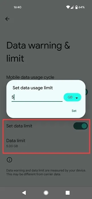 Impostazione di un limite di utilizzo dei dati su Android.