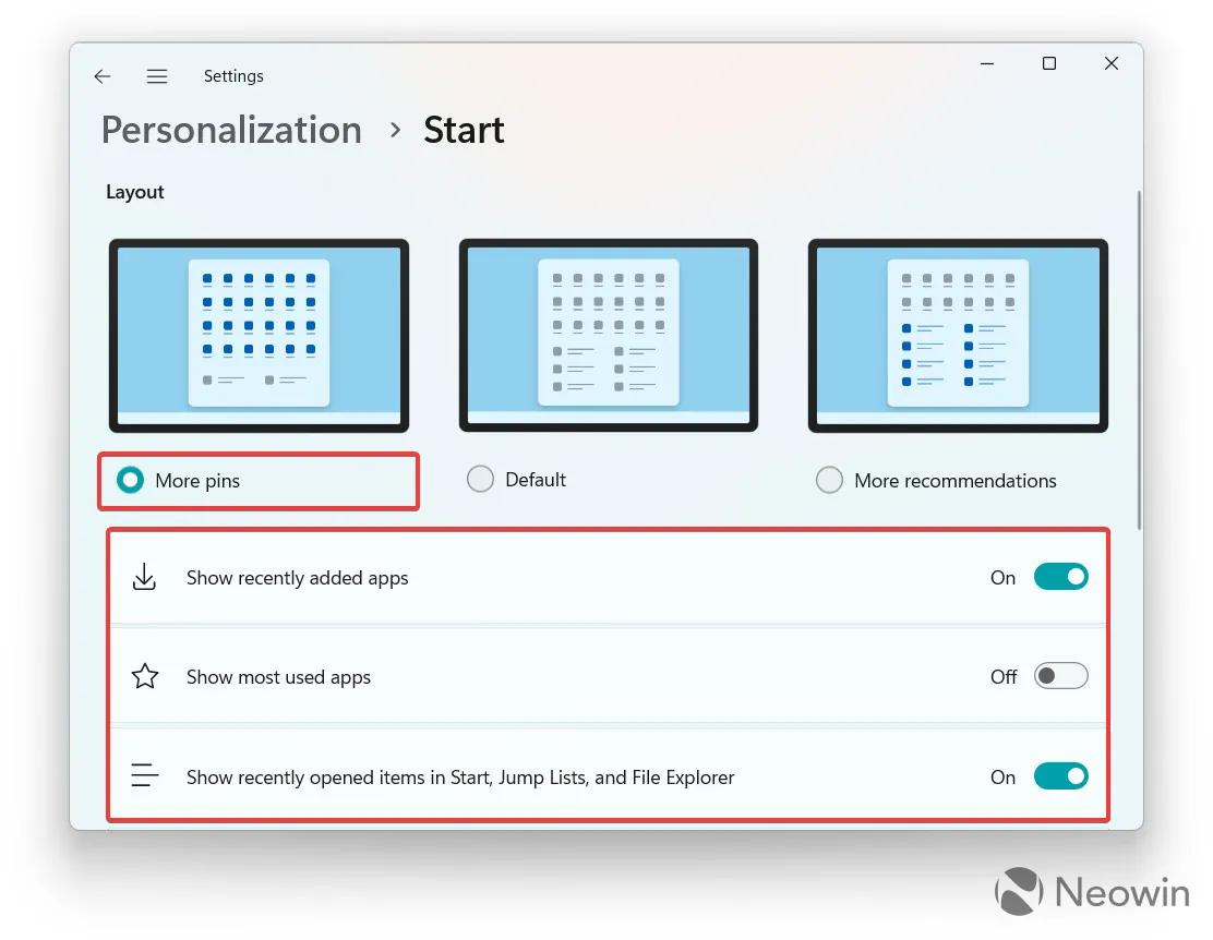 Uma captura de tela do aplicativo Configurações do Windows mostrando como remover a seção Recomendado