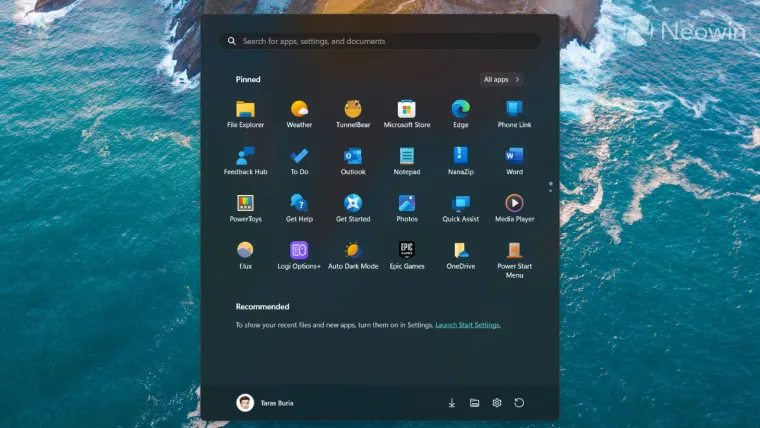 Zrzut ekranu menu Start systemu Windows 11s