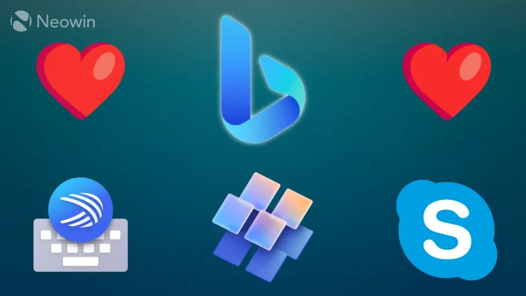 Logo Bing na górze z sercami po obu stronach i logo SwiftKey Start i Skype na dole