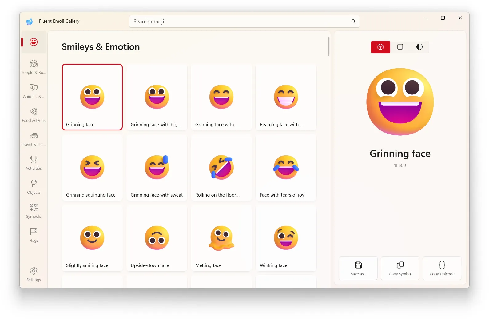 Una captura de pantalla de la aplicación de Windows Fluent Emoji Gallery