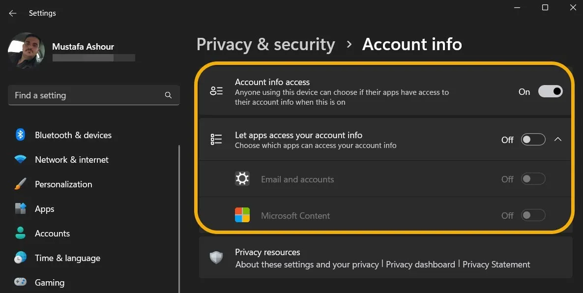 Windows 설정을 통해 사용할 수 있는 계정 정보 개인정보 보호 옵션.