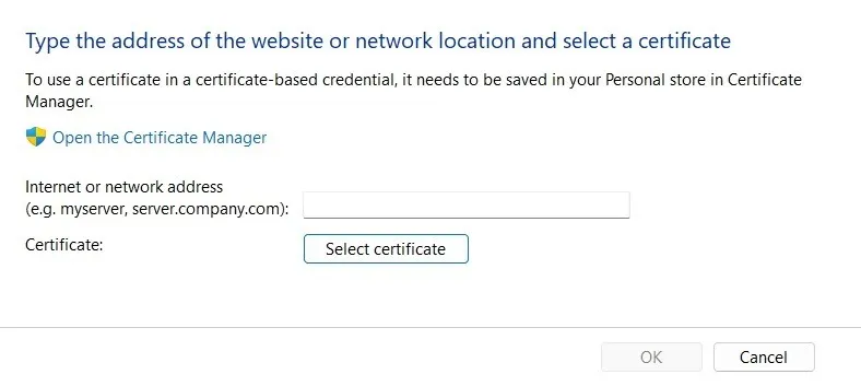 Fenêtre de sélection de certificat dans Credential Manager.