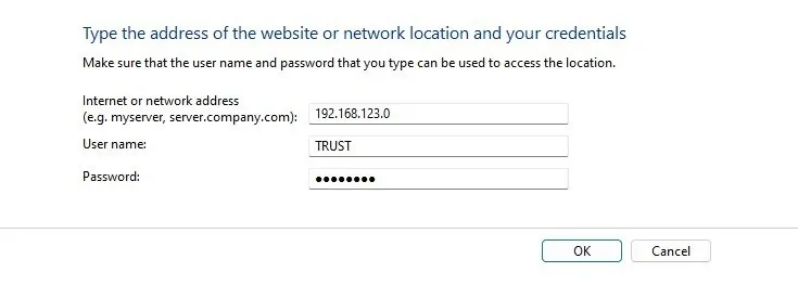 新しい Windows 資格情報のユーザー名とパスワードを入力しています。