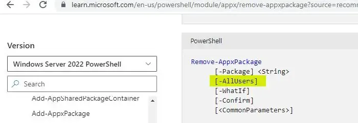 -Remove-AppxPackage の allusers パラメータ