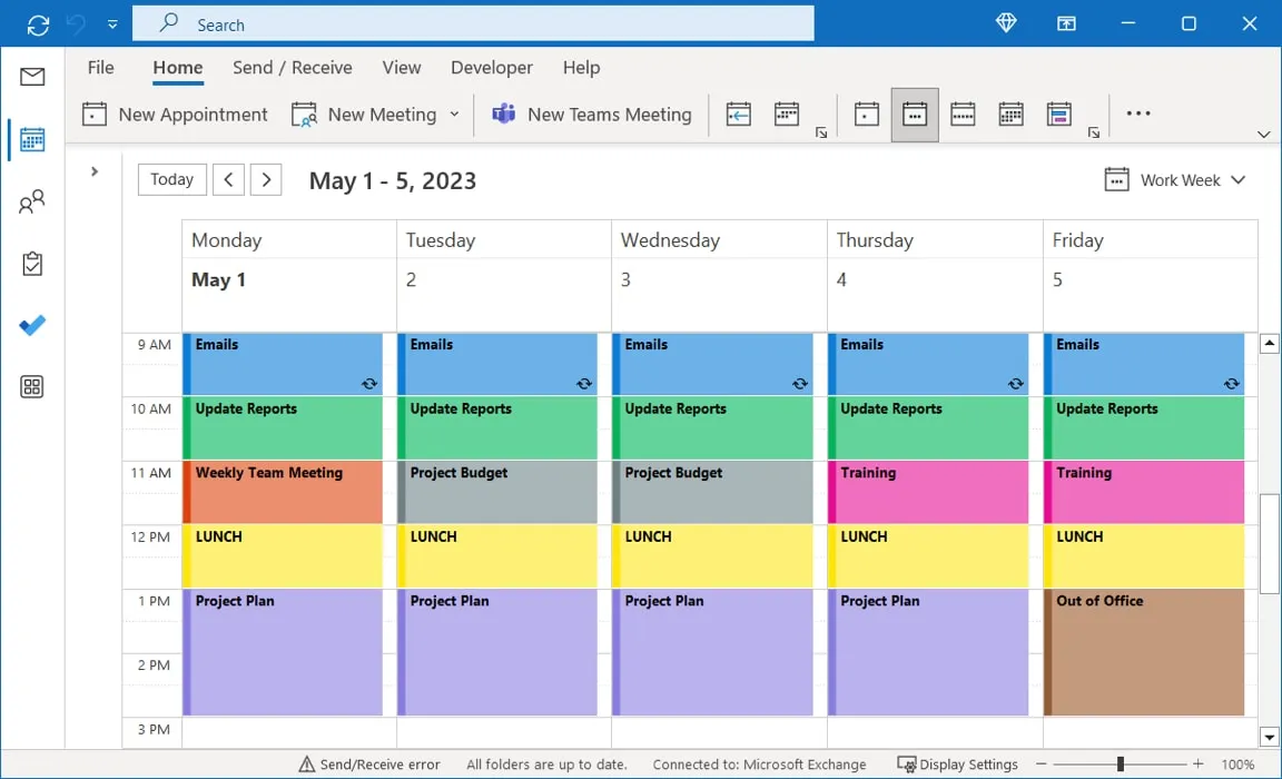 Agenda de bloqueio para a semana de trabalho no Calendário do Outlook