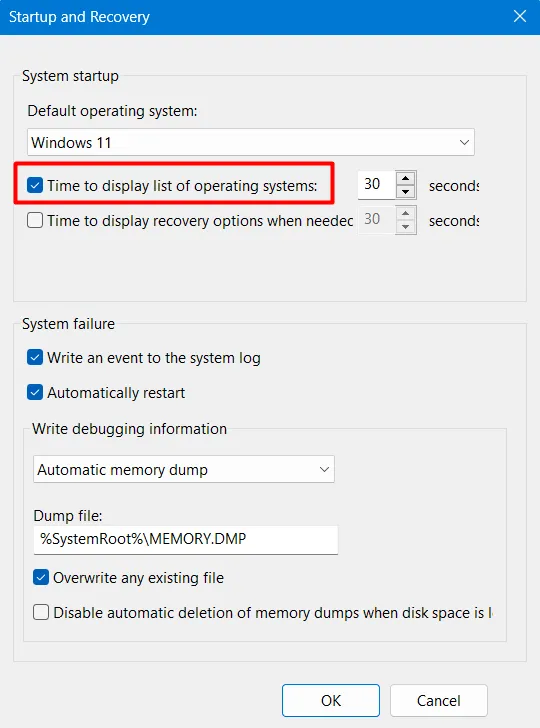 Modifier l'heure d'affichage du démarrage dans Windows - L'option de démarrage double ne s'affiche pas
