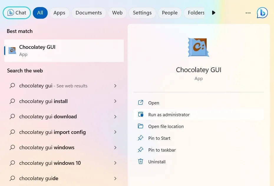 Windows 11 検索ボックスでの Chocolatey GUI アプリ検索。