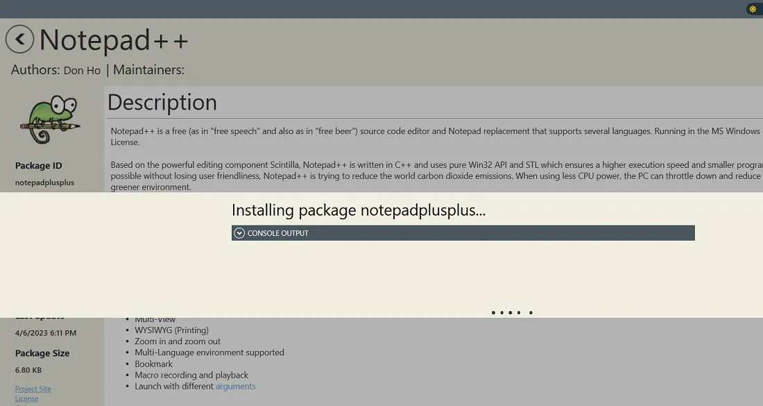 Un pacchetto che si installa nella GUI di Chocolatey su Windows 11.